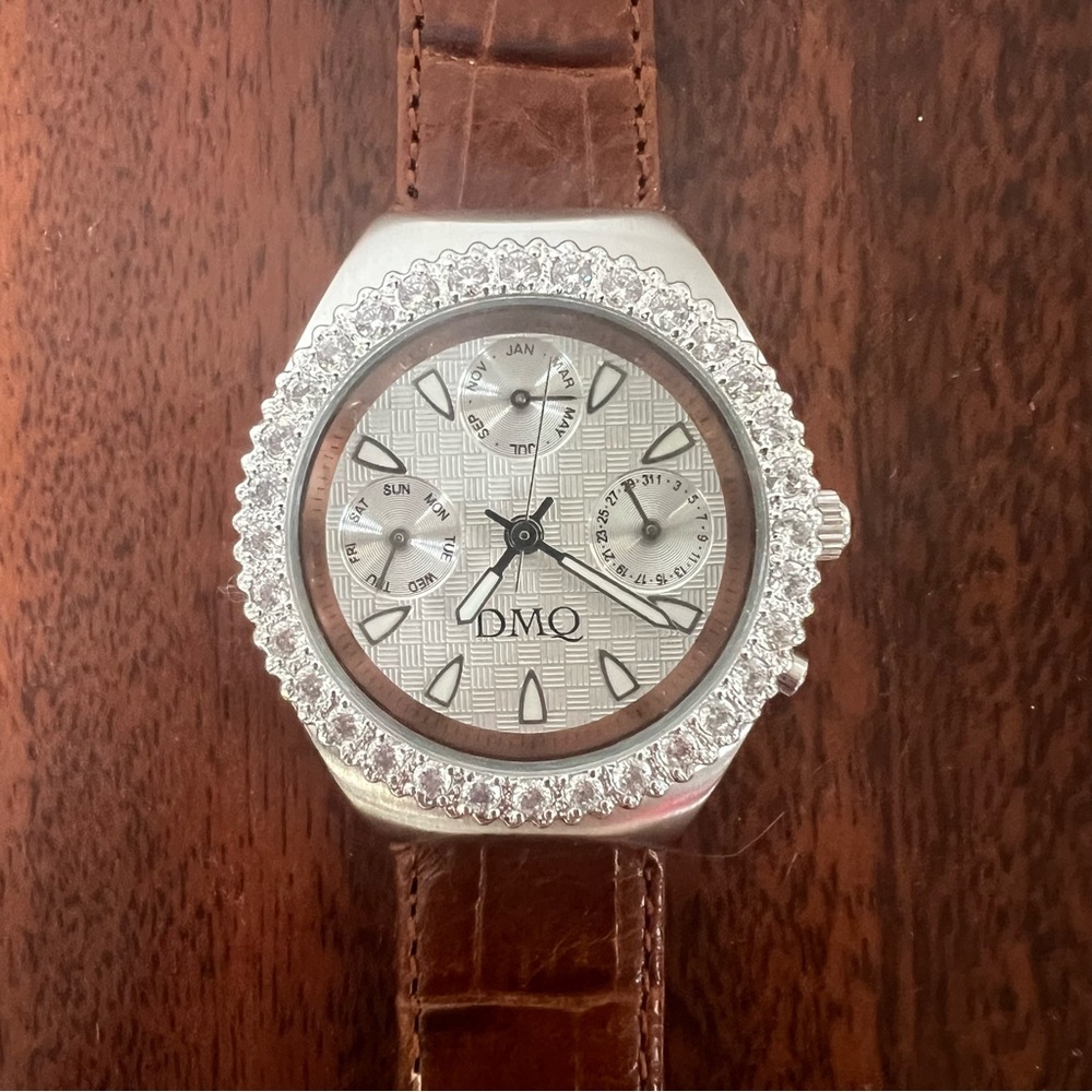 DMQ Diamonique Watch Brown Leather strap Silver Tone Jeweled QVC - Picture 3 of 14